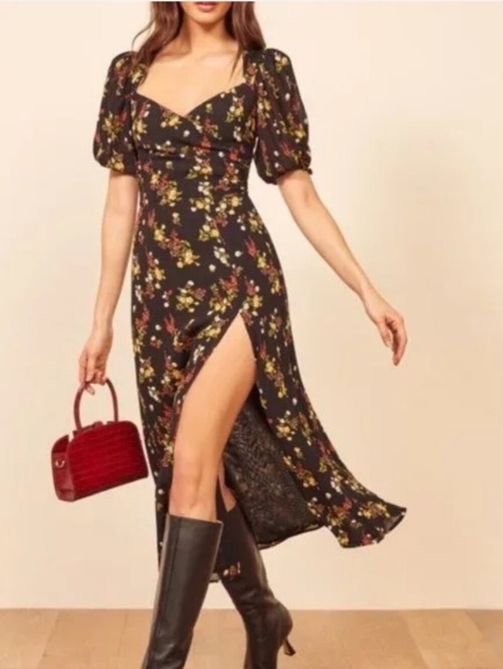 NEW REFORMATION Black WILDFLOWER Midi Dress SZ 4